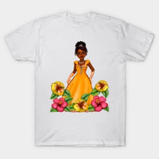 Princess Coco with hibiscus flowers  ! beautiful  black girl with Afro hair, brown eyes and dark brown skin. Hair love ! T-Shirt